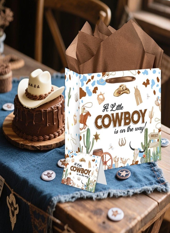 RTMISA Cowboy Baby Shower Gifts Bag with Tissue Paper and Greeting Card Western Cowboy Themed Baby Boy Shower Gifts Wrapping Paper Bag, Blue & Brown Party Favor Present Wrap Items - Image 5